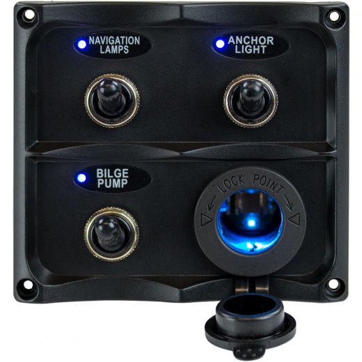 Sea-Dog Water Resistant Toggle Switch Panel with LED Power Socket - 3 Toggle