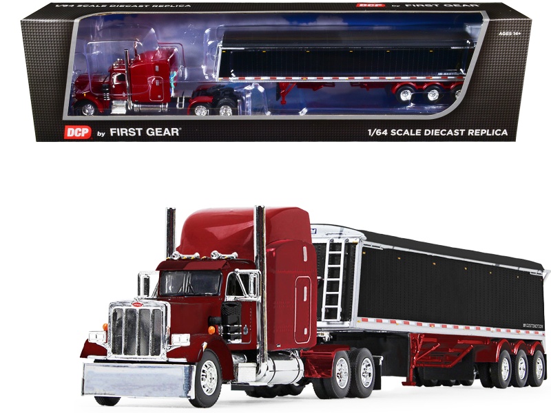 Peterbilt 359 With Mid-Roof Sleeper And Lode King Distinction Tri-Axle Hopper Trailer Spectra Red 1/64 Diecast Model By Dcp/First Gear