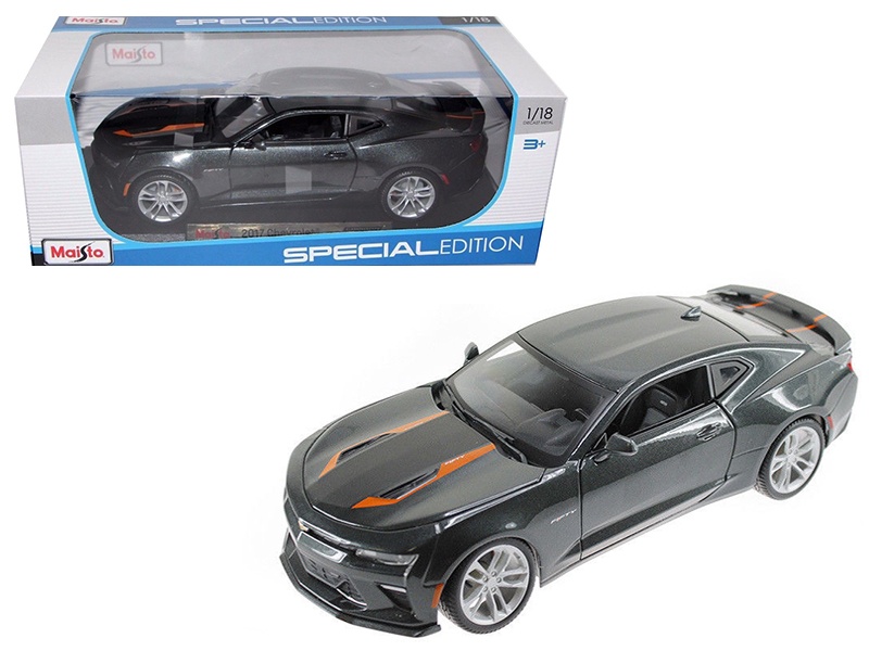2017 Chevrolet Camaro Ss Gray Metallic With Orange Stripes "50Th Anniversary" "Special Edition" Series 1/18 Diecast Model Car By Maisto