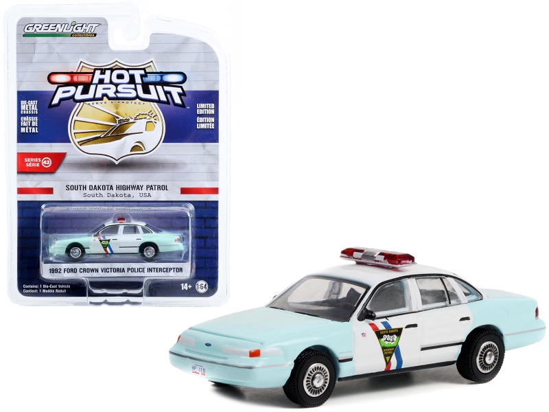 1992 Ford Crown Victoria Police Interceptor Light Blue And White "South Dakota Highway Patrol" "Hot Pursuit" Series 42 1/64 Diecast Model Car By Greenlight