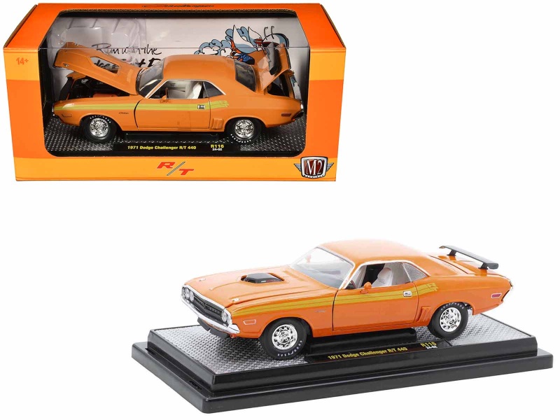 1970 Dodge Challenger R/T 440 Orange With Yellow Stripes And White Interior Limited Edition Diecast Model Car By M2 Machines