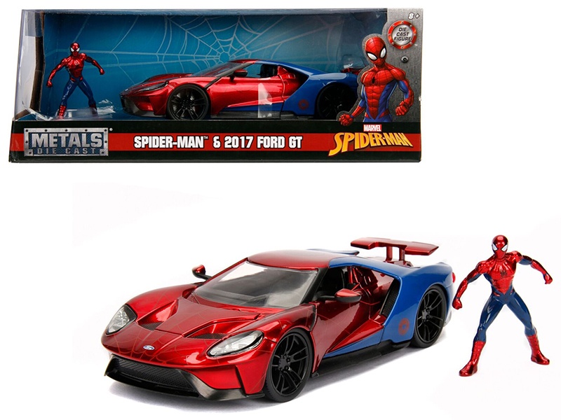 2017 Ford Gt With Spider Man Diecast Figurine "Marvel" Series 1/24 Diecast Model Car By Jada