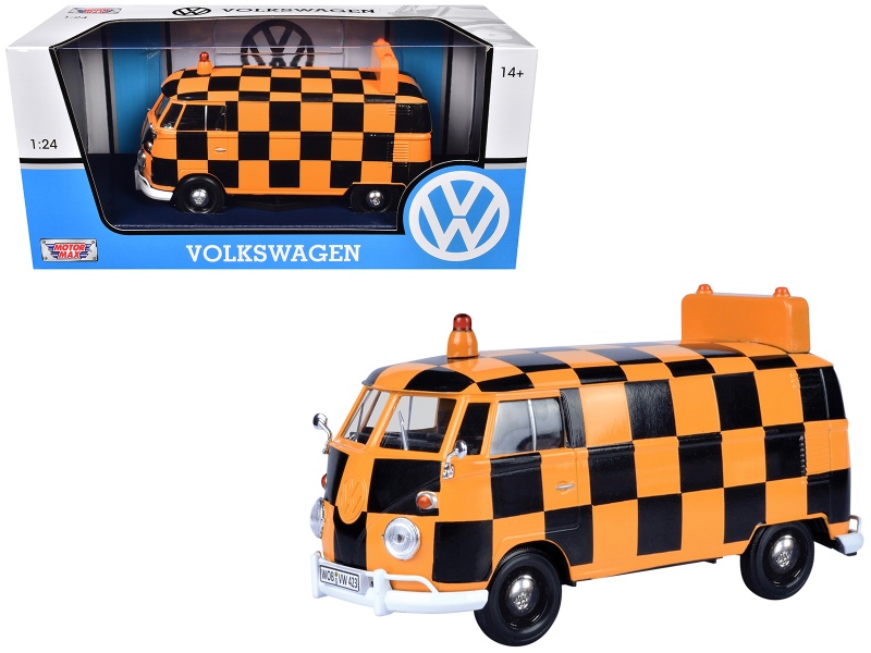 Volkswagen Type 2 (T1) Airport Runway Delivery Van Black And Orange Checkered 1/24 Diecast Model Car By Motormax
