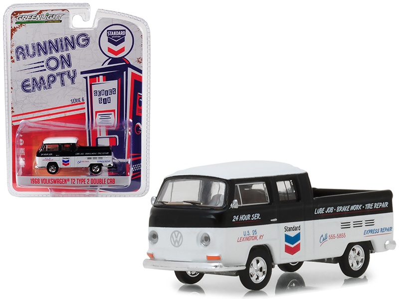 1968 Volkswagen T2 Type 2 Double Cab "Standard Oil Change & Service" Black And White "Running On Empty" Series 6 1/64 Diecast Model Car By Greenlight