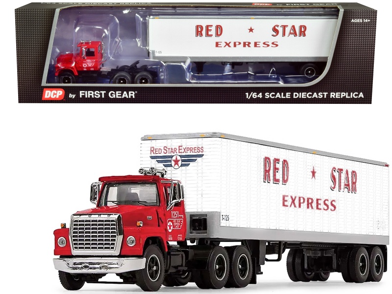 Ford Lt-9000 Day Cab With Vintage 40' Dry Goods Tandem-Axle Trailer Red And White "Red Star Express" 1/64 Diecast Model By Dcp/First Gear