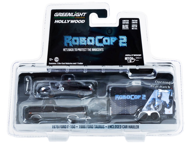 1979 Ford F-150 Pickup Truck Matt Black With 1986 Ford Taurus Detroit Metro West Police Car (Dirty Version) Black And Enclosed Car Hauler "Robocop 2" (1990) Movie "Hollywood Hitch & Tow" Series 11 1/64 Diecast Model Cars By Greenlight