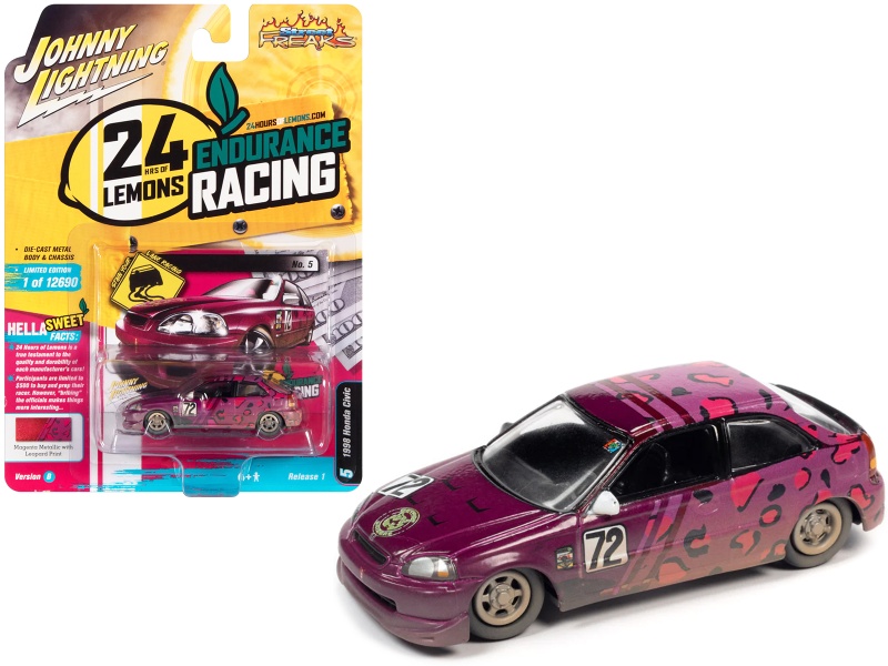 1998 Honda Civic #72 Magenta Metallic And Leopard Print (Raced Version) "24 Hours Of Lemons" (2019) Limited Edition To 12690 Pieces Worldwide "Street Freaks" Series 1/64 Diecast Model Car By Johnny Lightning