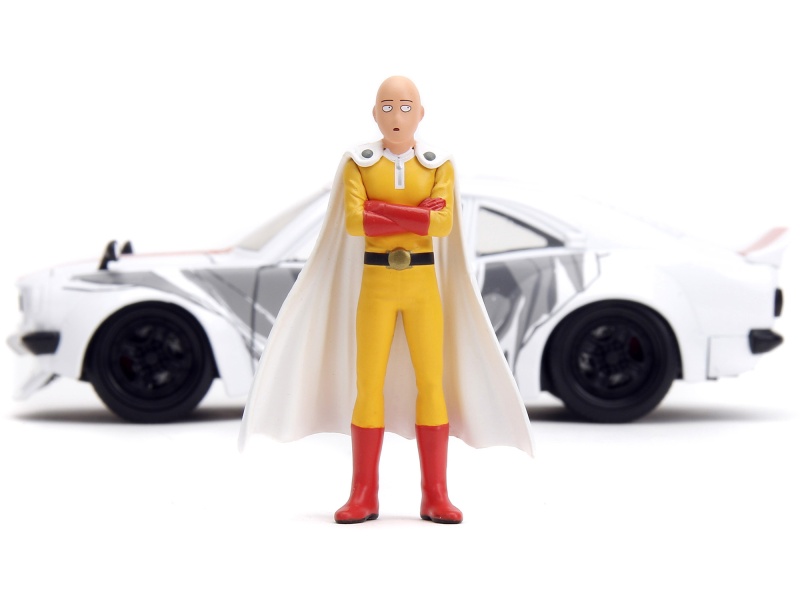 1974 Mazda Rx-3 White With Red Stripe And Graphics And Saitama Diecast Figure "One Punch Man" (2015-2019) Tv Series 1/24 Diecast Model Car By Jada