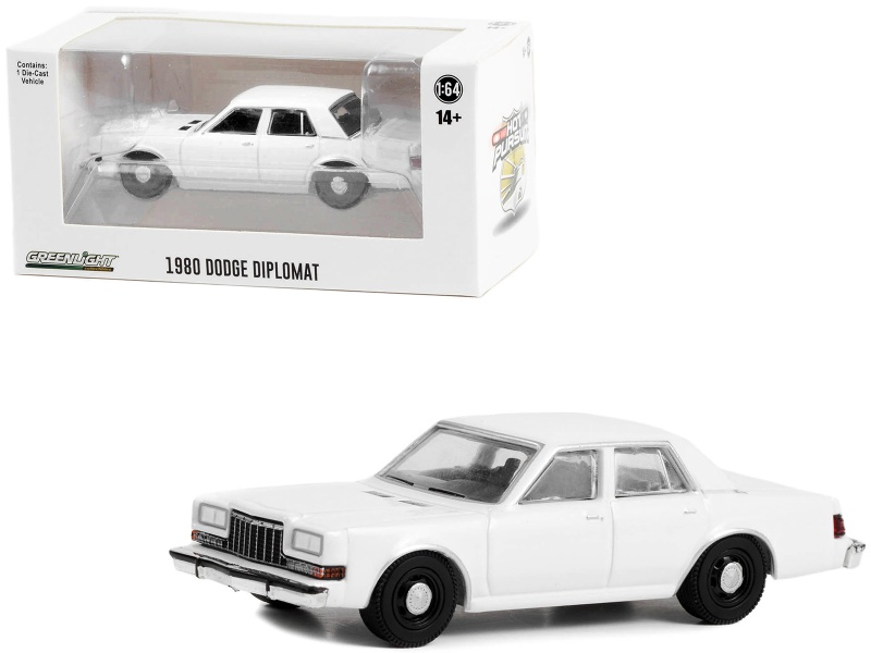 1980-1989 Dodge Diplomat Police Unmarked White "Hot Pursuit" "Hobby Exclusive" Series 1/64 Diecast Model Car By Greenlight