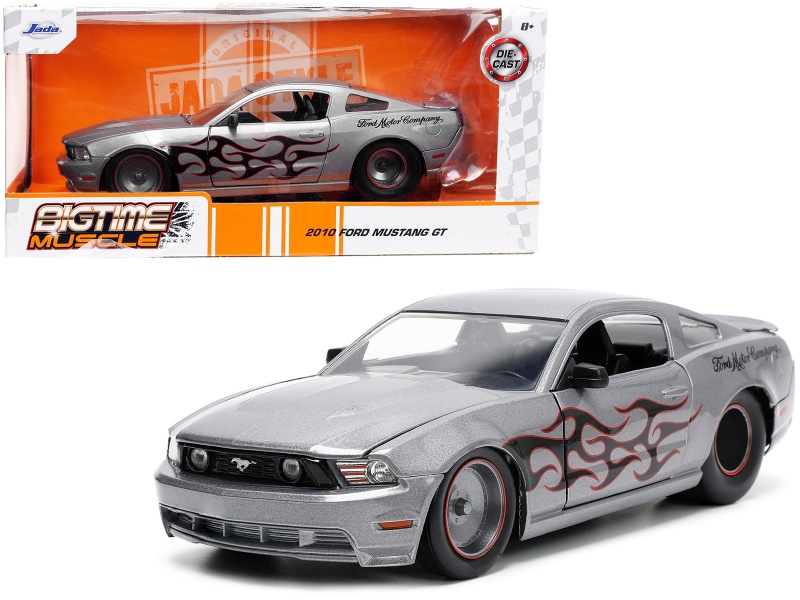 2010 Ford Mustang Gt Gray Metallic With Flames "Ford Motor Company" "Bigtime Muscle" Series 1/24 Diecast Model Car By Jada