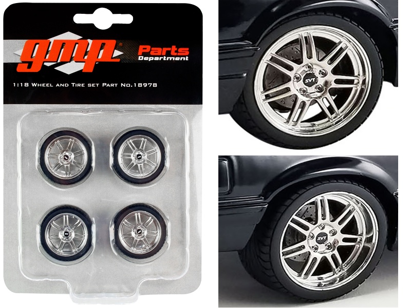 Custom Svt 7-Spoke Wheel & Tire Set Of 4 Pieces From "1990 Ford Mustang 5.0 Custom" 1/18 Scale Model By Gmp