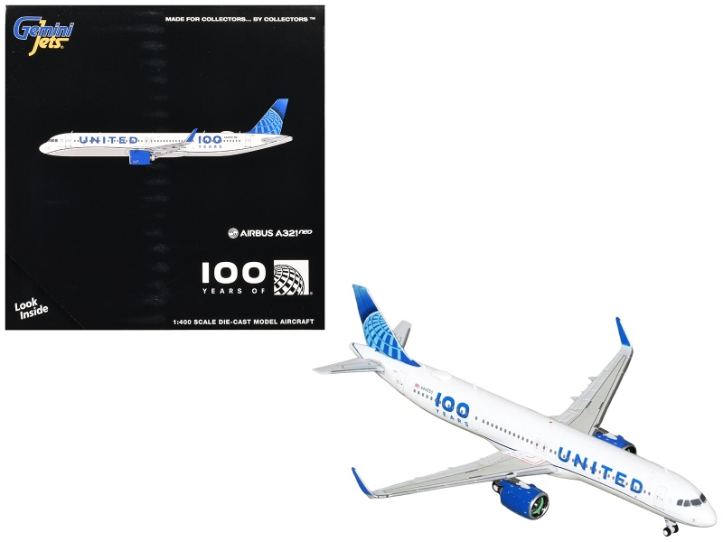 Airbus A321neo Commercial Aircraft "United Airlines 100 Years" (N44550) White With Blue Tail 1/400 Diecast Model Airplane By Geminijets