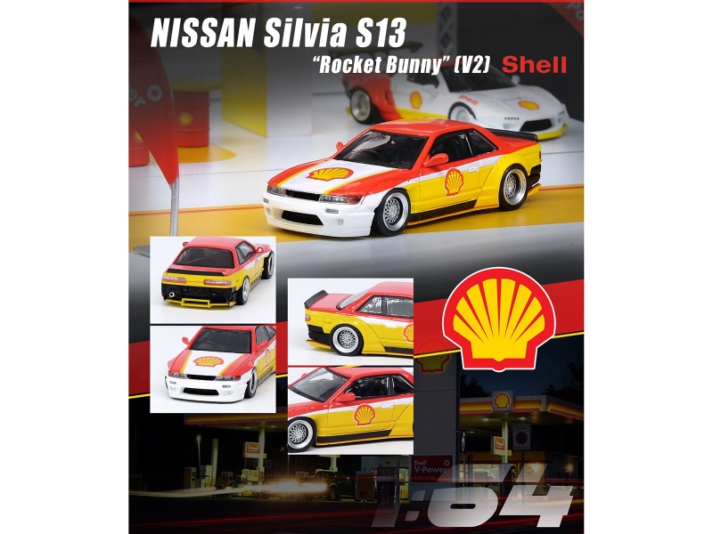 Nissan Silvia S13 Rocket Bunny V2 Rhd (Right Hand Drive) Yellow And Red With White "Shell" 1/64 Diecast Model Car By Inno Models