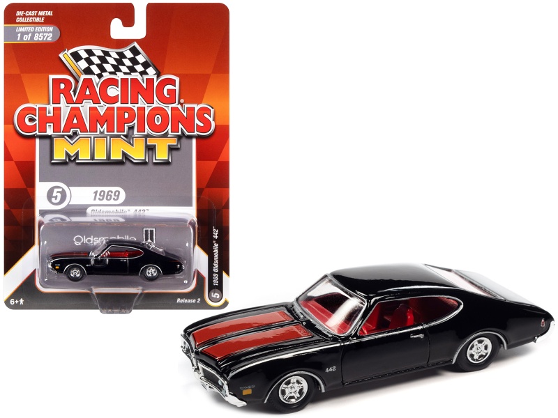 1969 Oldsmobile 442 Black With Red Stripes And Red Interior "Racing Champions Mint 2022" Release 2 Limited Edition To 8572 Pieces Worldwide 1/64 Diecast Model Car By Racing Champions