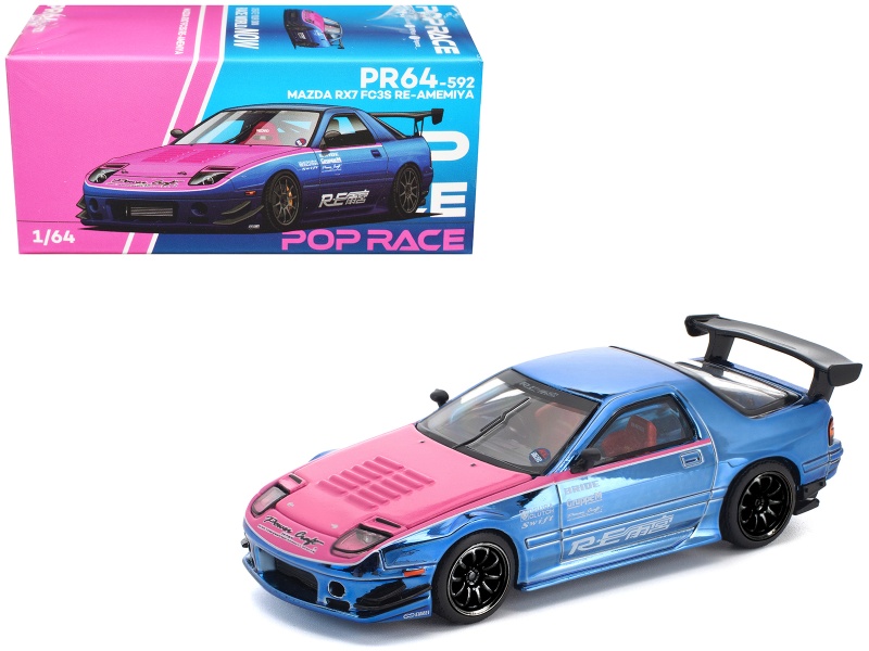 Mazda Rx7 (Fc3s) Re Amemiya Rhd (Right Hand Drive) Blue Chrome With Pink Hood "Street 7 Chrome" 1/64 Diecast Model Car By Pop Race