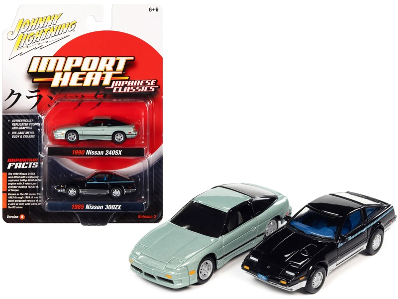 1985 Nissan 300Zx Black With Silver Trim And Blue Stripes And 1990 Nissan 240Sx Silver Green Pearl With Black Stripes "Import Heat" Series Set Of 2 Cars 1/64 Diecast Model Cars By Johnny Lightning