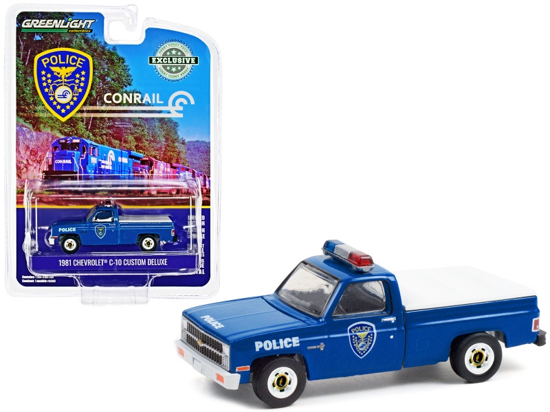 1981 Chevrolet C-10 Custom Deluxe Pickup Truck Blue With White Truck Bed Cover "Conrail (Consolidated Rail Corporation) Police" "Hobby Exclusive" 1/64 Diecast Model Car By Greenlight