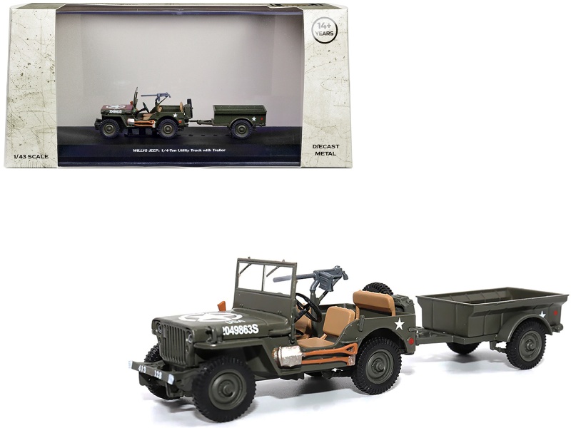 Willys Jeep 1/4-Ton Utility Truck Olive Drab with Trailer "United States Army" 1/43 Diecast Model By Militaria Die Cast