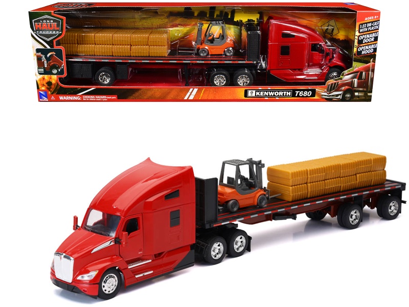Kenworth T680 Truck Red And Flatbed Trailer With Forklift And Hay Load "Long Haul Trucker" Series 1/32 Diecast Model By New Ray