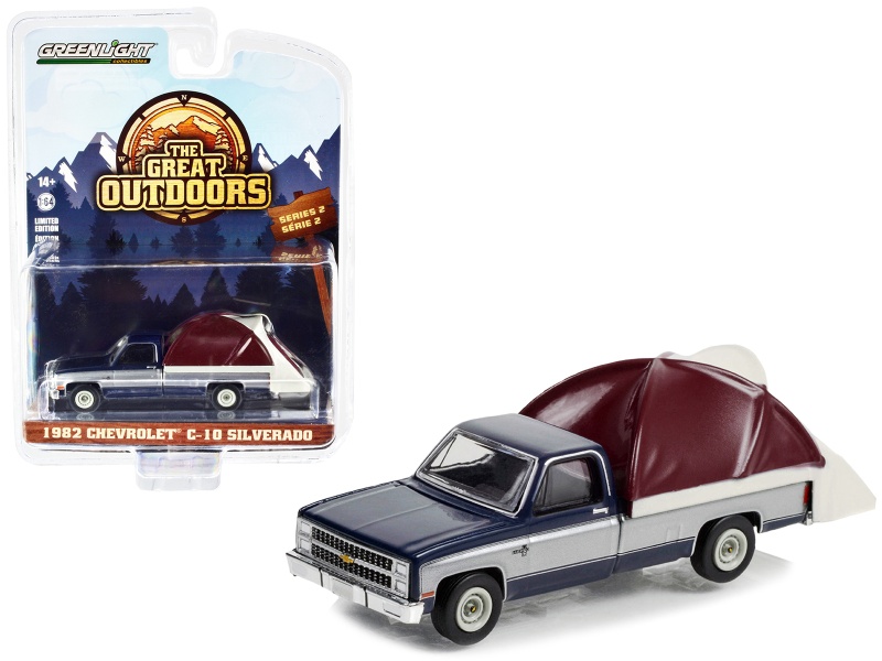 1982 Chevrolet C-10 Silverado Pickup Truck Blue And Silver With Modern Truck Bed Tent "The Great Outdoors" Series 2 1/64 Diecast Model Car By Greenlight