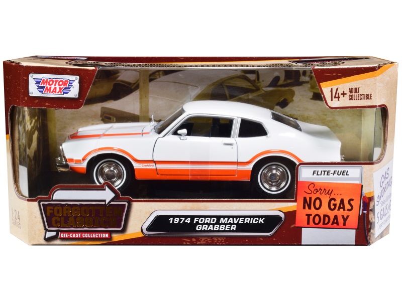 1974 Ford Maverick Grabber White With Orange Stripes "Forgotten Classics" Series 1/24 Diecast Model Car By Motormax