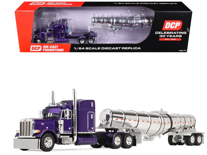 Peterbilt 379 With 63" Mid-Roof Sleeper And Polar Deep Drop Trailer Wild Orchid Purple With Black Stripes 1/64 Diecast Model By Dcp/First Gear