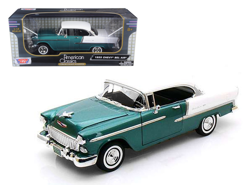 1955 Chevrolet Bel Air Hard Top Green Metallic And White 1/18 Diecast Model Car By Motormax
