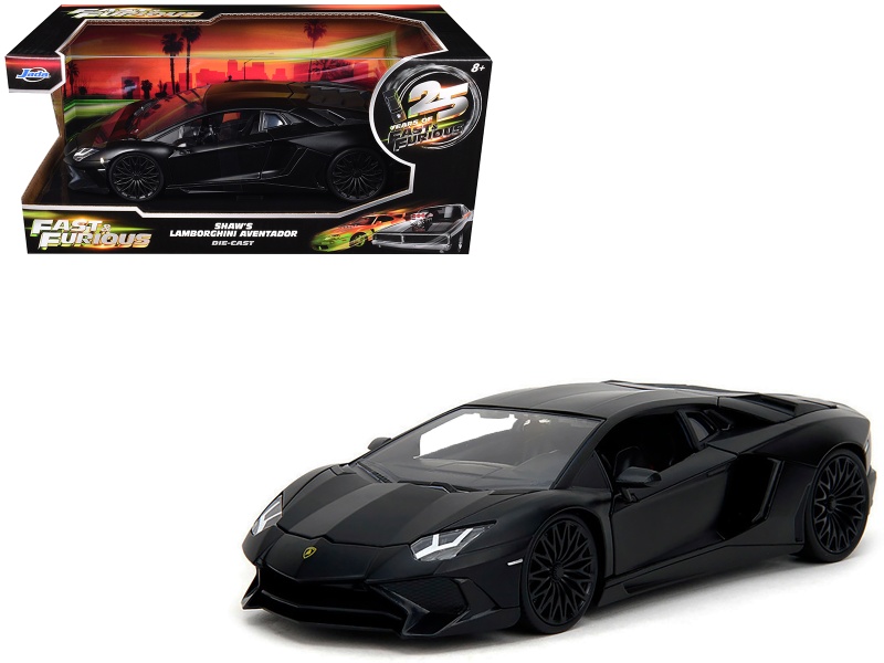 Shaw's Lamborghini Aventador Matt Black "Furious 7" (2015) Movie "Fast & Furious" Series 1/24 Diecast Car Model By Jada