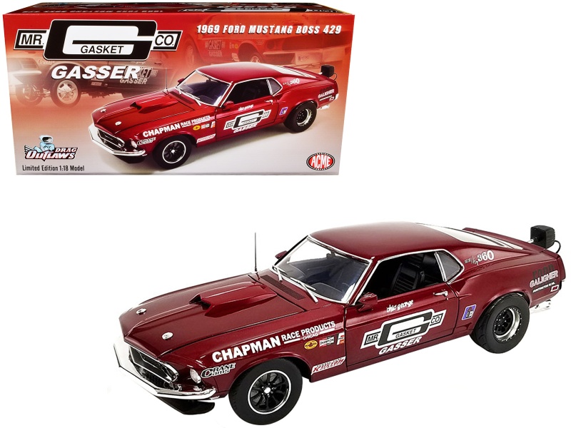 1969 Ford Mustang Boss 429 Gasser Dark Red Metallic "Mr. Gasket Co." "Drag Outlaws" Series Limited Edition To 870 Pieces Worldwide 1/18 Diecast Model Car By Acme