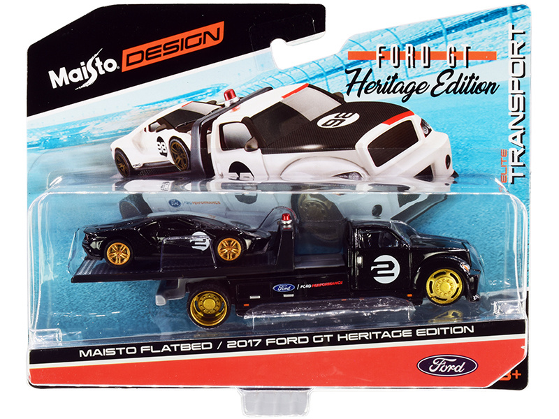 2017 Ford Gt #2 Heritage Edition With Flatbed Truck Black "Elite Transport" Series 1/64 Diecast Model Cars By Maisto