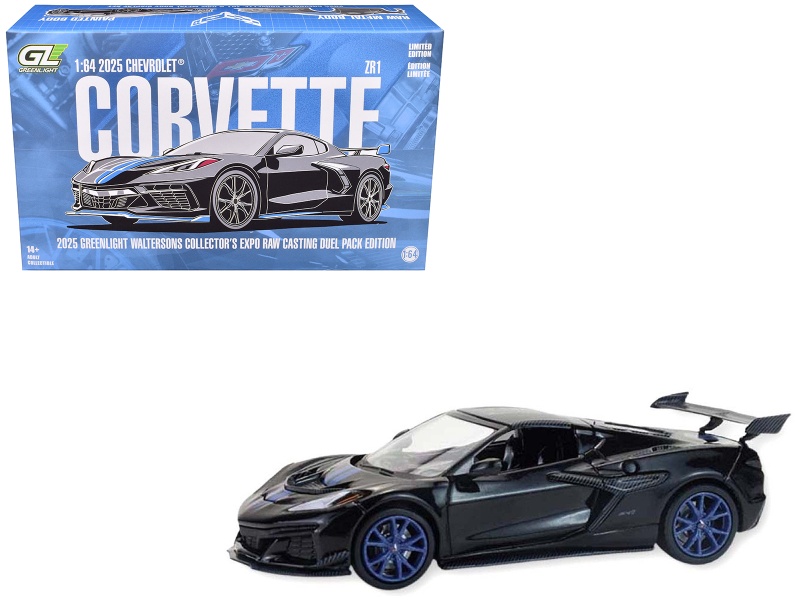 2025 Chevrolet Corvette C8 Zr1 Black With Blue Stripes With Raw Casting Dual Pack "2025 Greenlight Waltersons Collector's Expo Exclusive" 1/64 Diecast Model Car By Greenlight