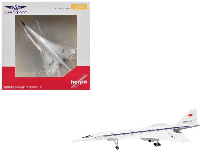 Tupolev Tu-144D Commercial Aircraft "Aeroflt - Technik Museum Sinsheim" (Cccp-77112) White With Blue Stripes 1/400 Diecast Model Airplane By Herpa