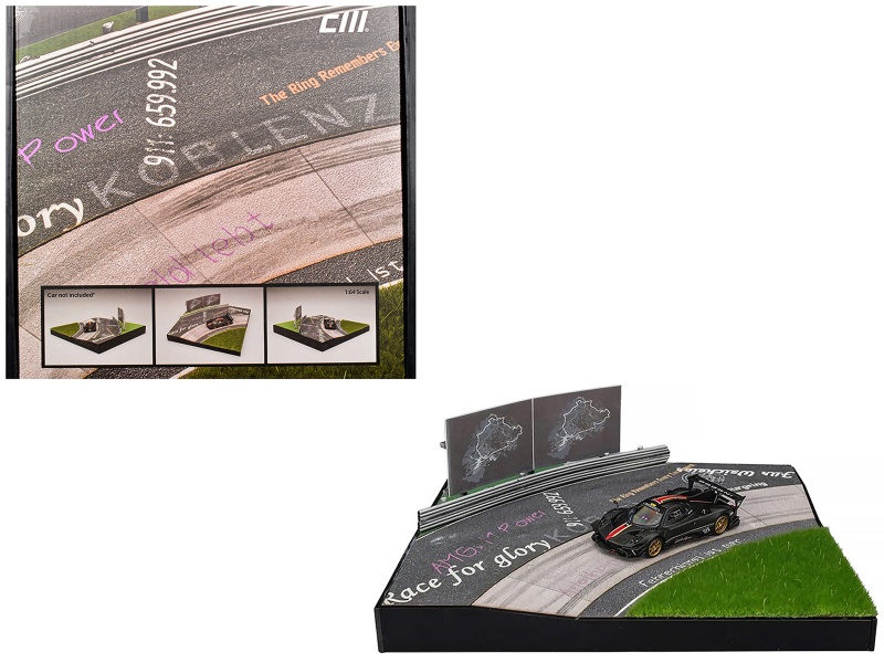 Nurburgring Diorama Set With Pagani Zonda Revolucion Carbon With Red And Gold Stripes And Extra Wheels 1/64 Diecast Model Car By Cm Model