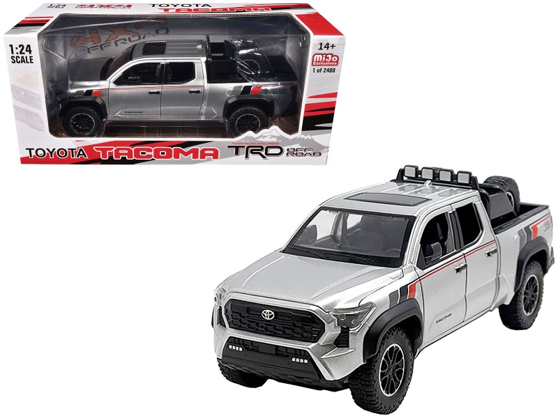 2024 Toyota Tacoma Trd Off Road Edition Pickup Truck Silver Metallic With Trd Stripes With Sunroof And Wheel Rack Limited Edition To 2400 Pieces Worldwide 1/24 Diecast Model Car