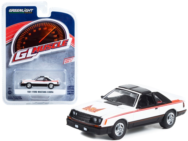 1981 Ford Mustang Cobra Polar White And Black With Red Stripes "Greenlight Muscle" Series 27 1/64 Diecast Model Car By Greenlight