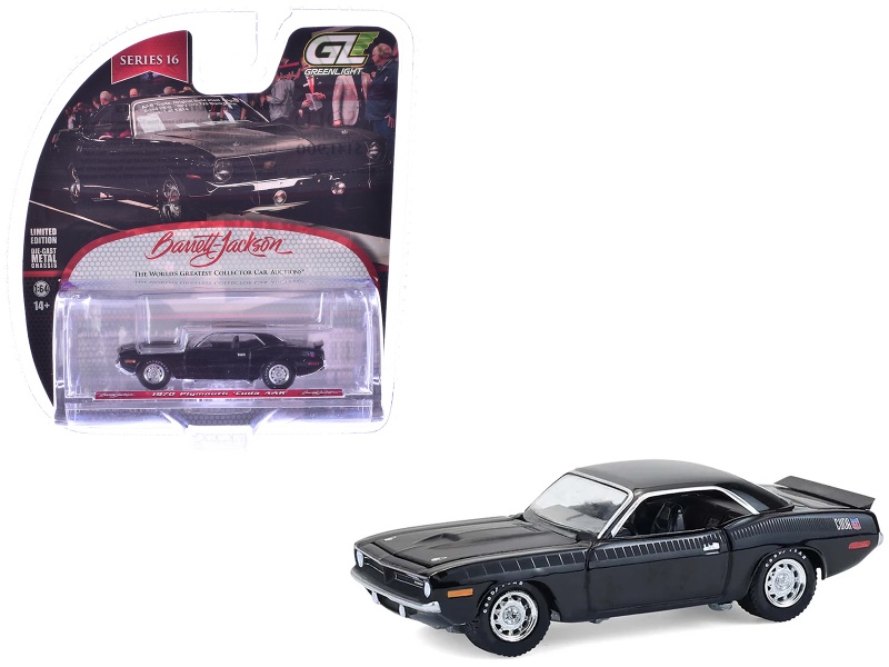 1970 Plymouth 'Cuda Aar Black With Gray Stripes "Barrett-Jackson" Series 16 1/64 Diecast Model Car By Greenlight