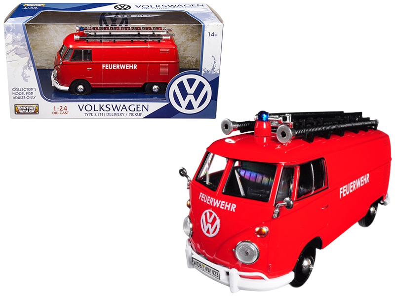 Volkswagen Type 2 (T1) Fire Van "Feuerwehr" Red 1/24 Diecast Model Car By Motormax