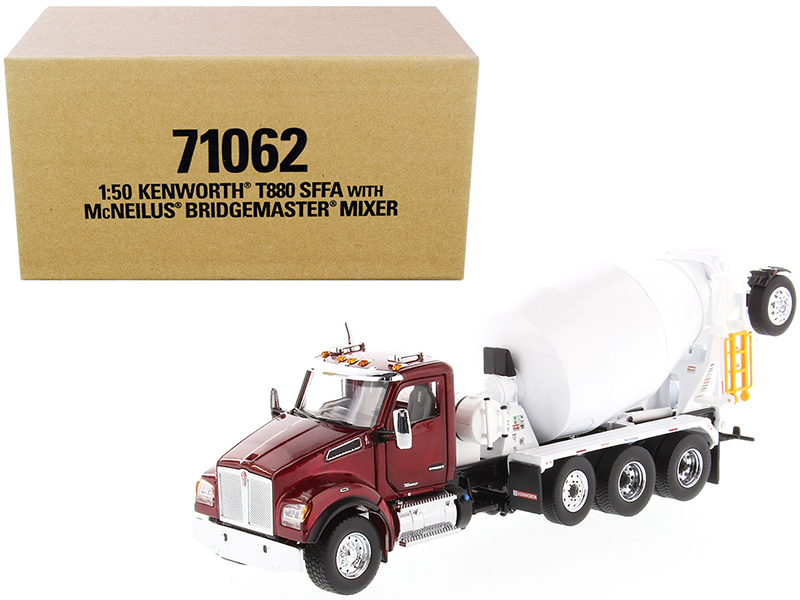 Kenworth T880 Sffa With Mcneilus Bridgemaster Mixer Truck Radiant Red And White 1/50 Diecast Model By Diecast Masters