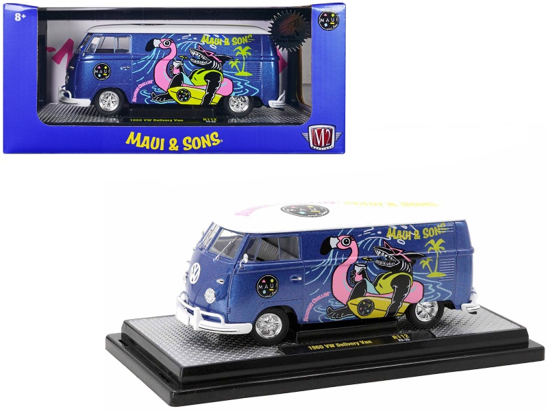 1960 Volkswagen Delivery Van Blue Metallic With White Top 'Maui And Sons' Limited Edition 1/24 Diecast Model Car by M2 Machines