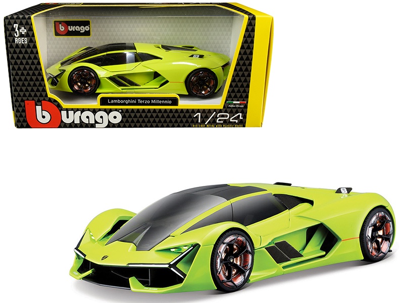 Lamborghini Terzo Millennio Lime Green With Black Top And Carbon Accents 1/24 Diecast Model Car By Bburago