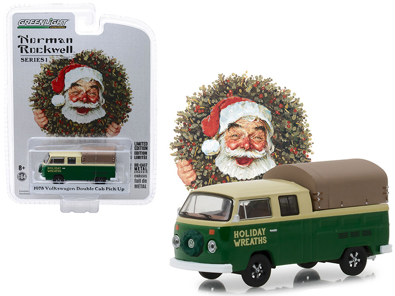 1978 Volkswagen Double Cab Pickup With Canopy "Holiday Wreaths" Green And Yellow "Norman Rockwell Delivery Vehicles" Series 1 1/64 Diecast Model By Greenlight