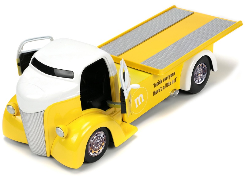 1947 Ford Coe Flatbed Truck Yellow Metallic With White Top And Yellow M&M Diecast Figure "M&M's" "Hollywood Rides" Series 1/24 Diecast Model Car By Jada