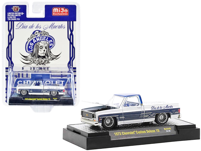 1973 Chevrolet Custom Deluxe 10 Pickup Truck White Metallic With Graphics "Dia De Los Muertos - Los Angeles" (Day Of The Dead) Limited Edition To 8250 Pieces Worldwide 1/64 Diecast Model Car By M2 Machines