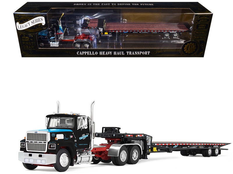 Ford Ltl 9000 Day Cab And Landoll 440B-50Ca Traveling Axle Trailer "Cappello Heavy Transport" Black With Blue Hood "Legacy" Series #3 1/64 Diecast Model By Dcp/First Gear