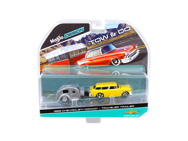 1955 Chevrolet Nomad With Traveler Trailer Yellow Tow & Go 1/64 Diecast Model By Maisto