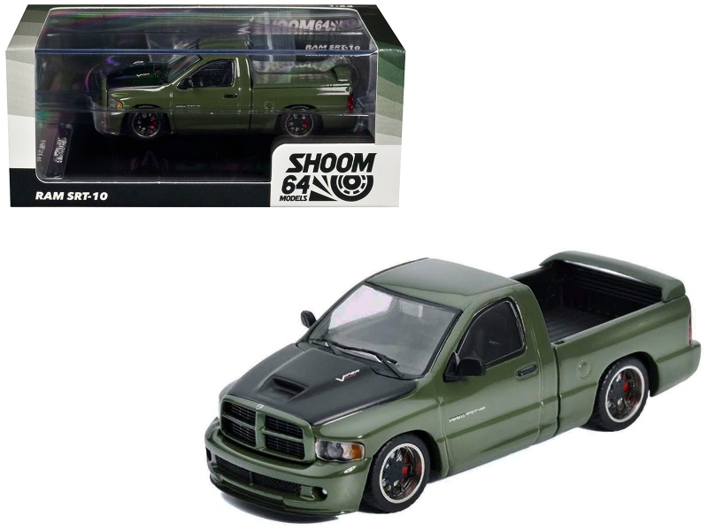 2003 Dodge Ram Srt-10 Pickup Truck Green Metallic With Matt Black Hood 1/64 Diecast Model Car By Shoom64 Models