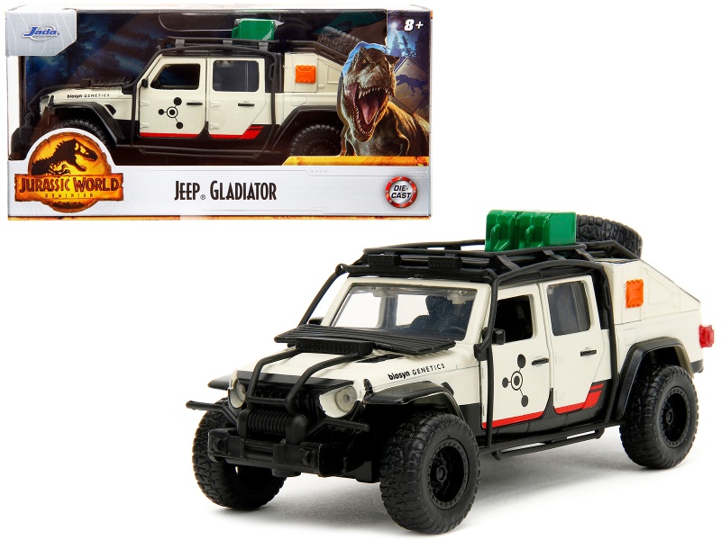 Jeep Gladiator Pickup Truck With Equipment Shell Beige With Graphics "Biosyn Genetics" "Jurassic World Dominion" (2022) Movie "Hollywood Rides" Series 1/32 Diecast Model Car By Jada