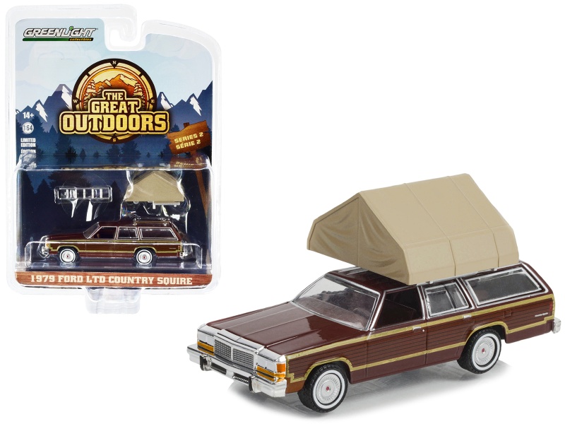 1979 Ford Ltd Country Squire Brown With Wood Panels With Camp'otel Cartop Sleeper Tent "The Great Outdoors" Series 2 1/64 Diecast Model Car By Greenlight
