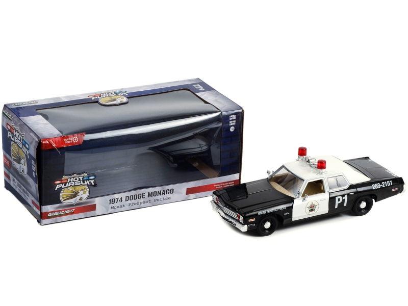 1974 Dodge Monaco Police Black And White "Mount Prospect Police Department: Mount Prospect Illinois" "Hot Pursuit" Series 1/24 Diecast Model Car By Greenlight