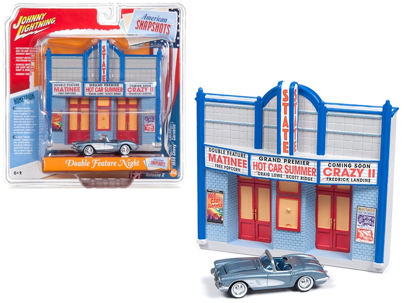 1958 Chevrolet Corvette Convertible Blue And Resin Movie Theater Facade "Double Feature Night" 1/64 Diecast Model By Johnny Lightning